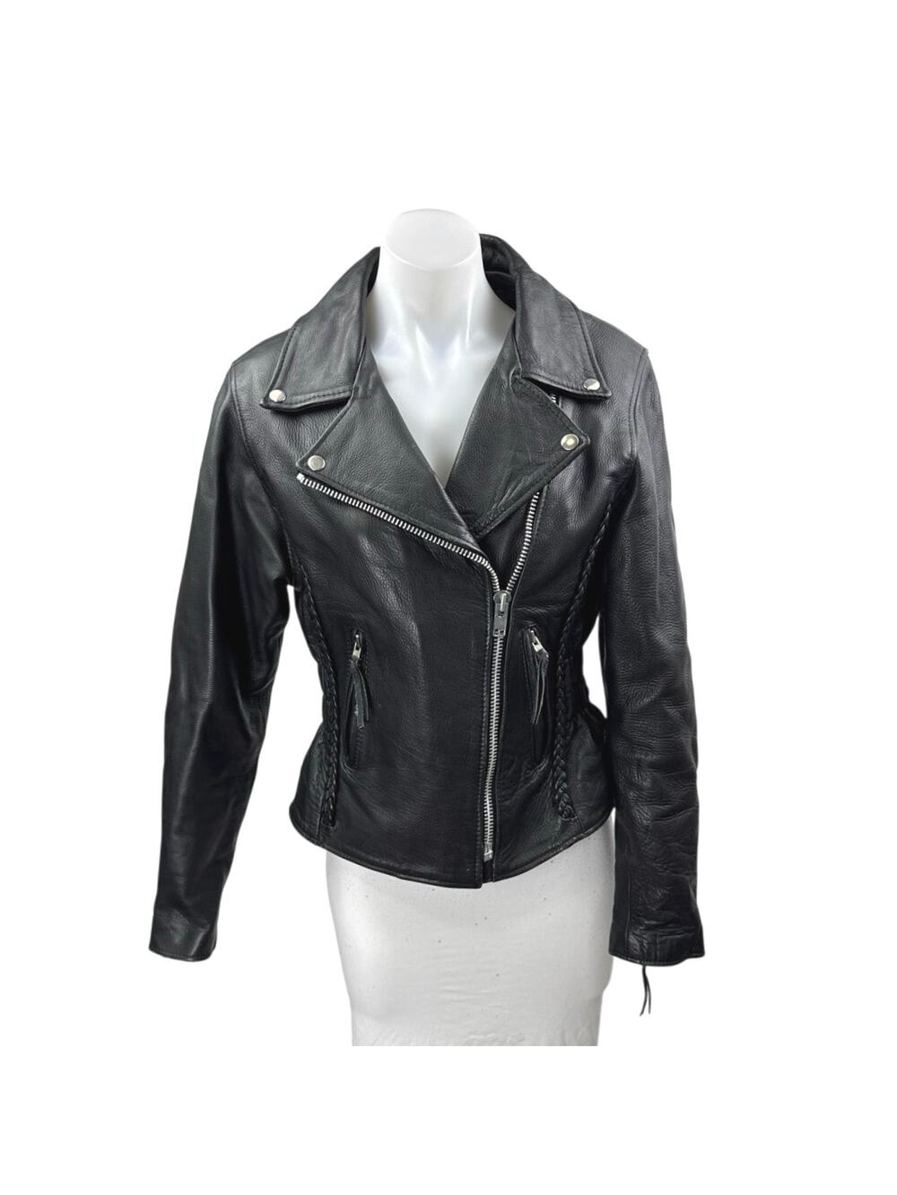 Interstate Leather Genuine Black Long Sleeve Zip Up Biker Motorcycle Jacket XS